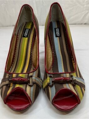 Naughty Monkey Y2K Multicolor Striped Cloth Peep-Toe Heels with Red Trim